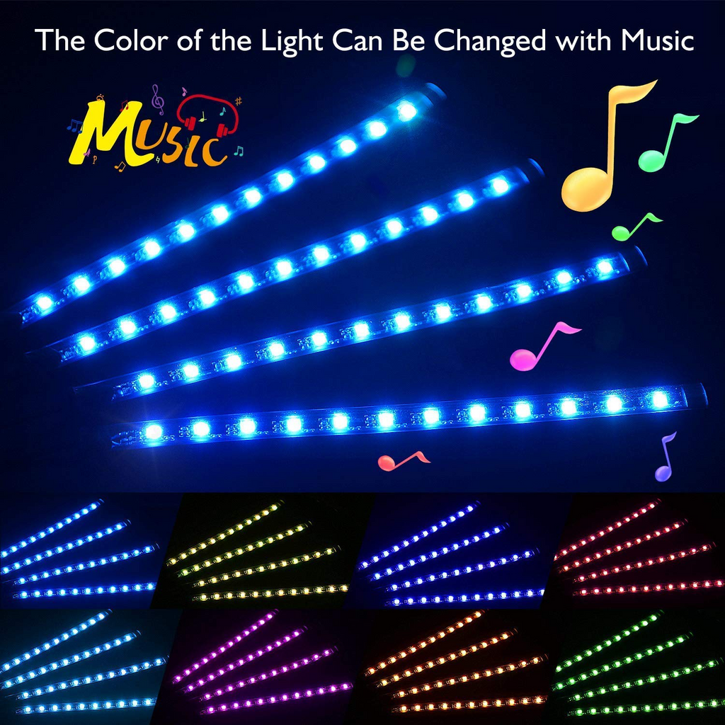 Car LED Strip Lights, 4Pcs 48 LED Interior Lights, Multicolor Music Car Strip Light Under Dash Lighting Kit with Sound Active Function and Remote Controller, DC 5V